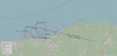 RWY10到着方式(VFR場周経路との比較)【青線がILS Y、オレンジ線がRNP Z】図に描き込んだVFRの場周経路(緑色の四角いルート)と見比べてほしい。青線のILS Yが、レフトダウンウィンドの動きに似ていることがわかる。